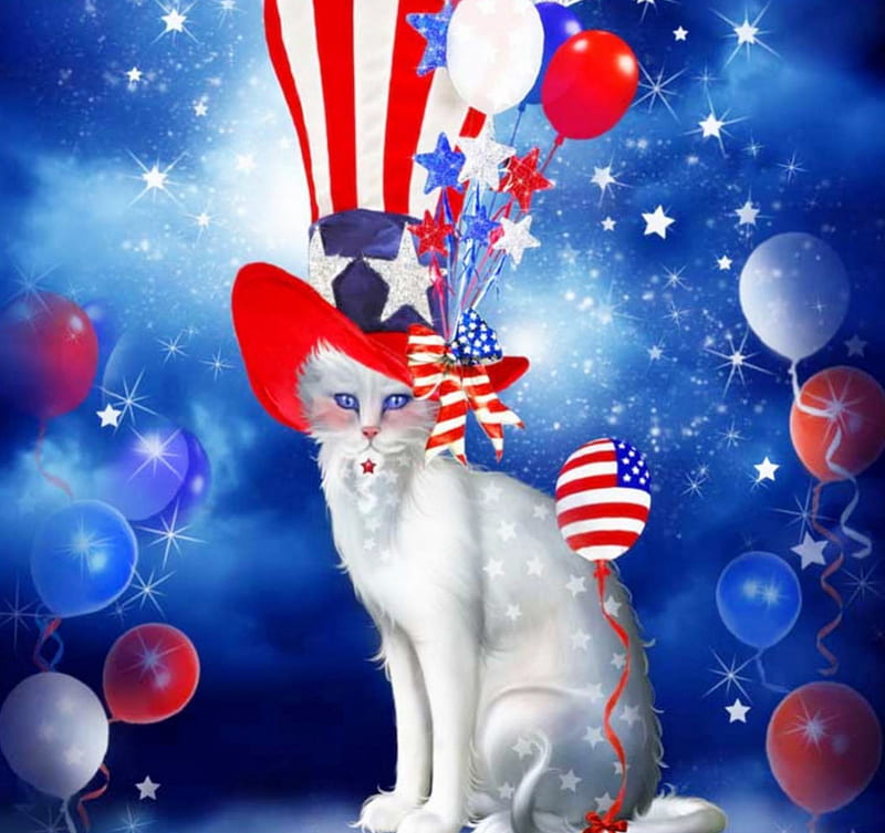 ✫Cat in Patriotic Hat✫, red, pretty, colorful, white cat, charm, bonito, bow, digital art, paintings, love, beauty, drawings, animals, blue, stars, stripes, USA, lovely, ribbon, patriotic, kitty, colors, love four seasons, cat, hat, cute, cool, balloons, weird things people wear, starlight, kitten, white, HD wallpaper