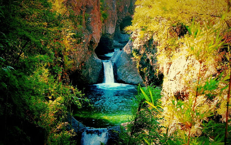 Radal Siete Tazas National Park, gorge, bonito, Central Chile, Maule Region, lagoons, caves, foliage, waterfalls, HD wallpaper
