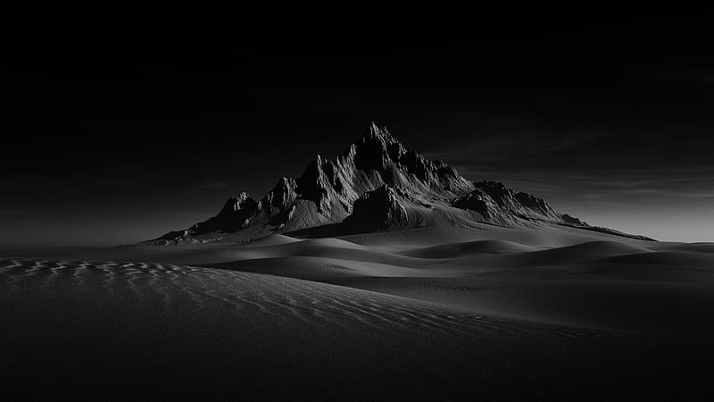 Desert mountains, landscape, sand dunes, dark, bw, HD wallpaper