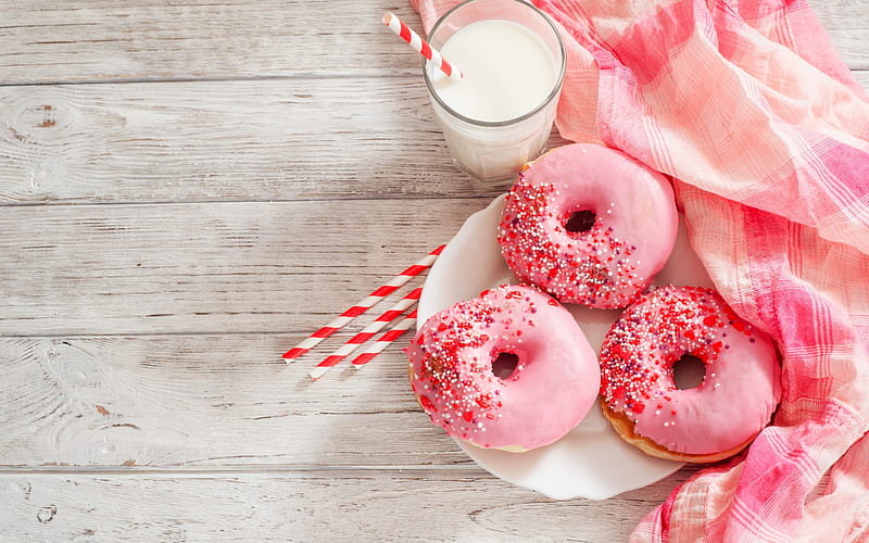 Enjoy!, food, sweet, dessert, donut, glass, milk, white, pink, wood, HD wallpaper