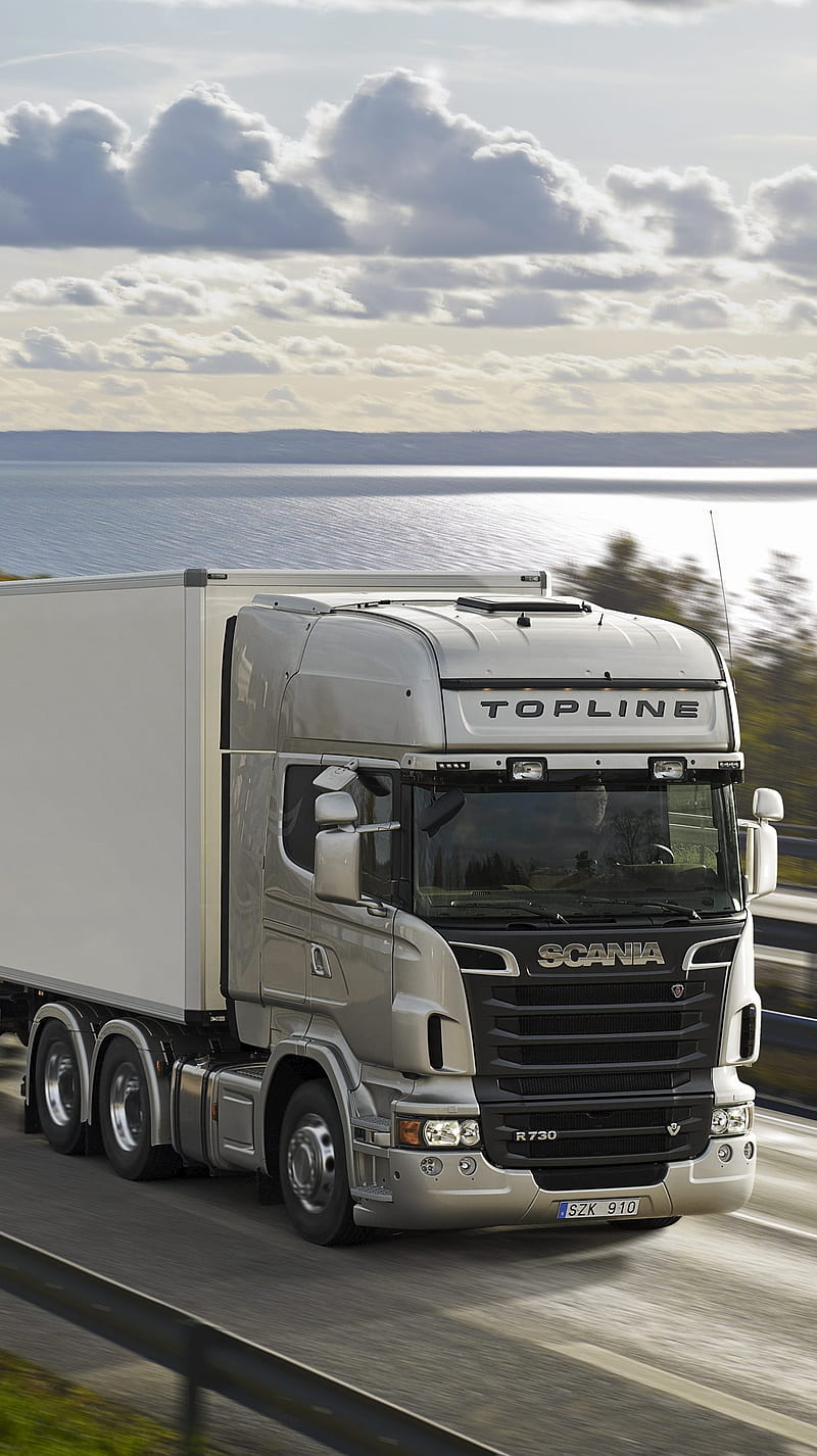 Scania R, fast, landscape, lorry, ocean, sea, speed, topline, truck, HD phone wallpaper