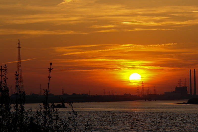Port Antwerp (Belgium), port antwerp, sunset, antwerp, port, HD wallpaper