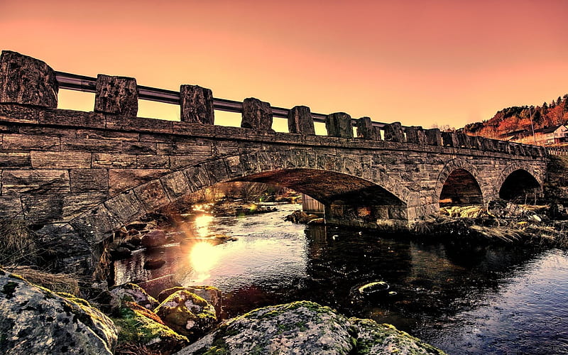 sunrise, stone bridge, river, Norway, HD wallpaper