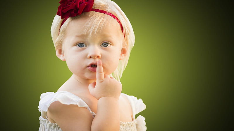 Cute Little Girl Baby Is Keeping Finger On Lips In Green Blur Background Wearing White Dress And Red Headband Cute, HD wallpaper