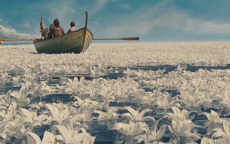 On the Silver Sea, silver sea, lilies, prince caspian, aslan, eustace, reepicheep, boat, lucy, pevensies, paddles, pevensie, edmund, HD wallpaper