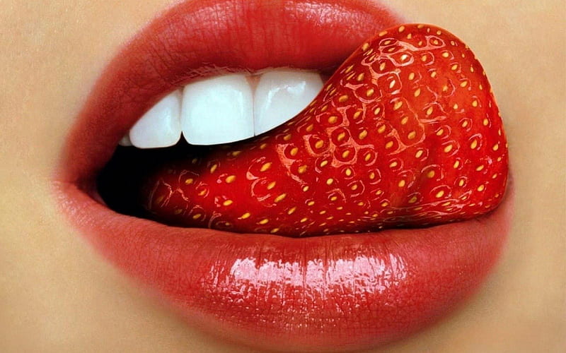 Strawberry Lips, Red, Lips, Red Lips, Art, Strawberry, HD wallpaper