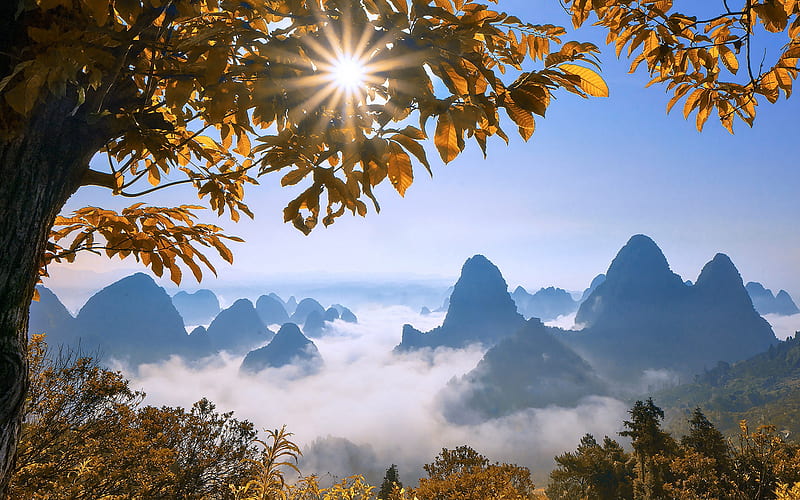 Guilin, Kweilin, mountain landscape, rocks, autumn, above the clouds, mountain peaks in the clouds, Guangxi Zhuang, China, HD wallpaper