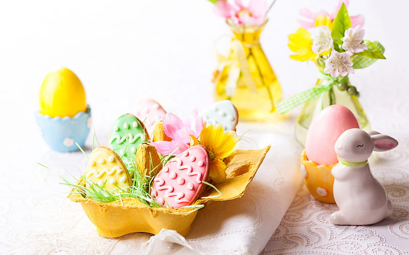 Easter, spring, Easter cookies, Easter bunny, decoration, spring holidays, HD wallpaper