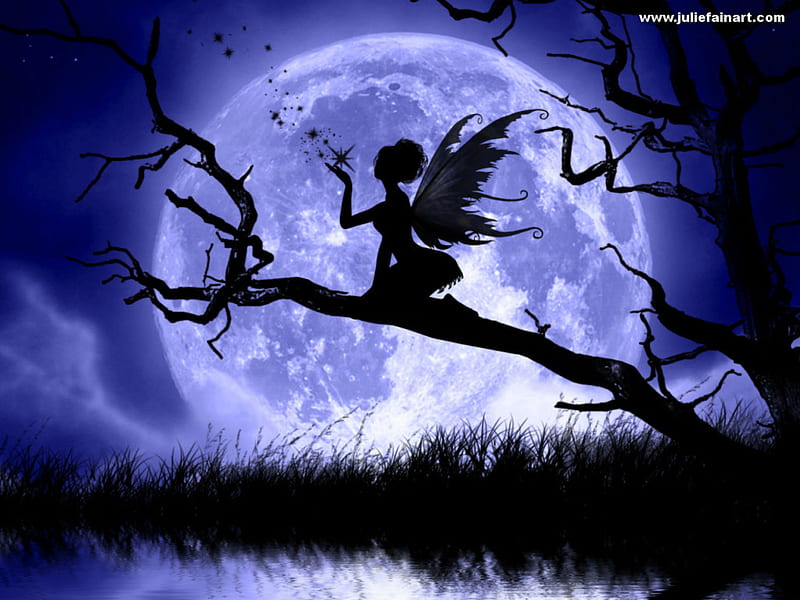 Fairies night, fairy, girl, silhouette, tree, branch, magic, full moon, meadow, blue, HD wallpaper