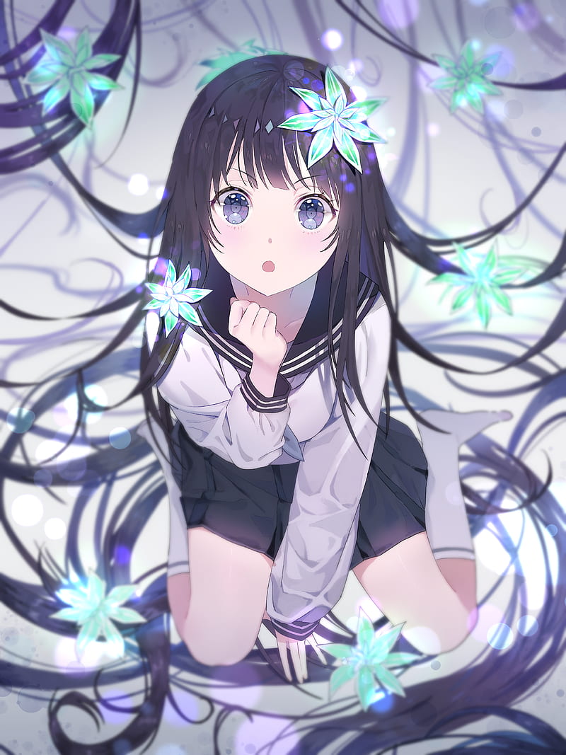 anime, anime girls, long hair, Chitanda Eru, Hyouka, black hair, sailor uniform, school uniform, kneeling, Ppyono, flower in hair, dark hair, dark eyes, looking at viewer, open mouth, Pixiv, HD phone wallpaper