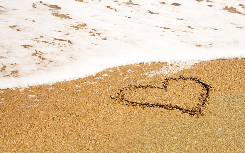 heart in the sand, beach, sea, sand, sea breeze, love concepts, travel, HD wallpaper