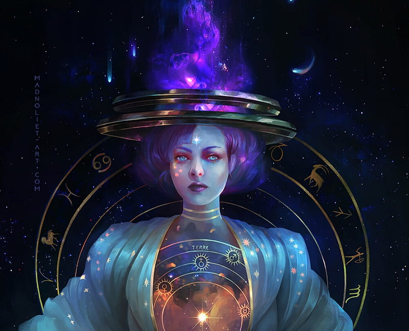 Orias The Astrologer, art, madboni, purpl, fantasy, luminos, girl, mady madnoliet, epink, HD wallpaper