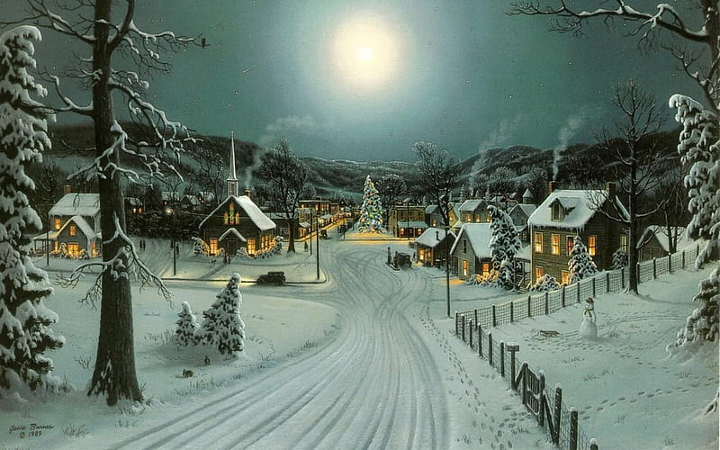 Festive Village, holidays, moon, snow, buildings, village, quaint, winter, Christmas, Cozy, Houses, HD wallpaper
