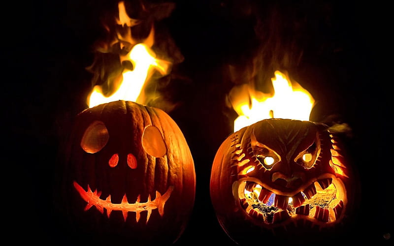 Fiery Jack o'Lantern, faces, seasonal, halloween, pumpkin, light, HD wallpaper