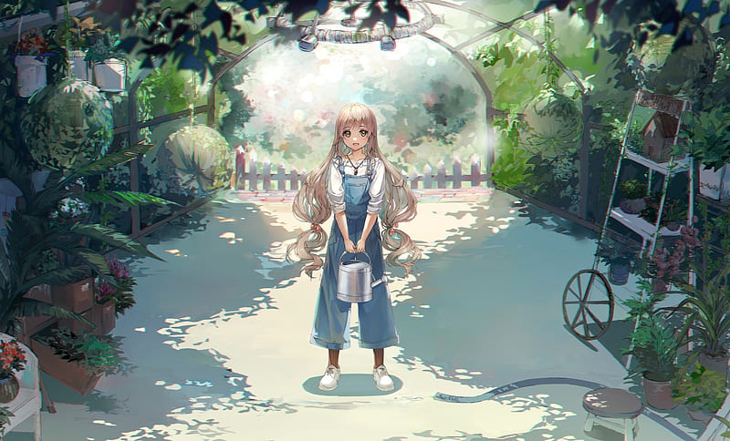 anime girl, countryside, village, long hair, garden, Anime, HD wallpaper