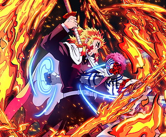 Anime, Demon Slayer: Kimetsu no Yaiba, Akaza (Demon Slayer: Kimetsu no Yaiba), Boy, Kyojuro Rengoku, HD wallpaper