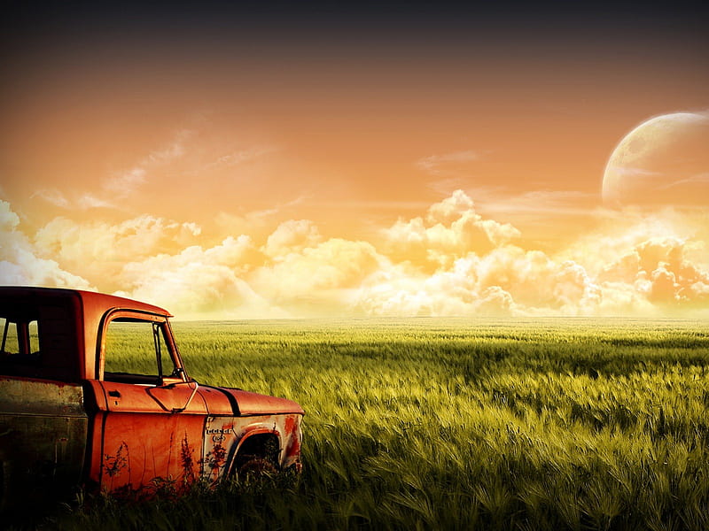 Abondoned truck, moon, old vehicle, grass, shadow, truck, field, HD wallpaper