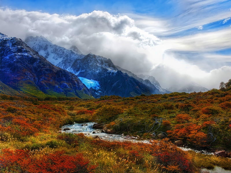 Glacier Stream, Fall, stream, rocks, autumn, glacier, andes, clouds, water, snow, argentina, mountains, foilage, trey ratcliff, HD wallpaper