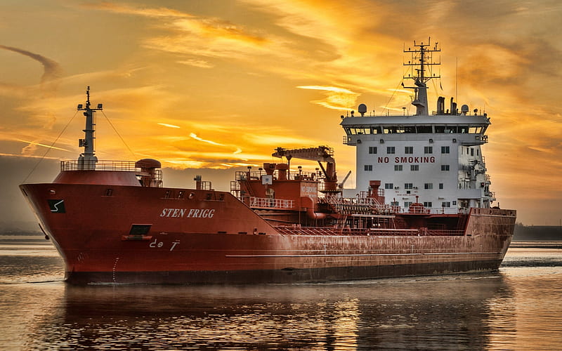 Sten Frigg, oil tanker, sunset, cargo ship, chemical carrier, Sten Frigg tanker, HD wallpaper