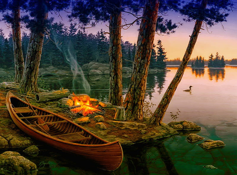 Summer's song, pretty, riverbank, bonito, picnic, nice, calm, boat, river, evening, reflection, fishing, night, lovely, creek, trees, pond, fire, water, song, serenity, peaceful, summer, island, nature, lakeshore, HD wallpaper