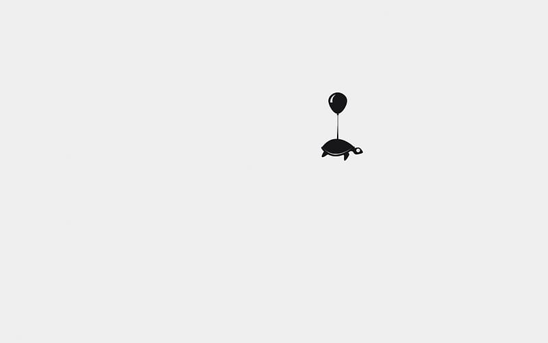 Turtle Floating Away, float, gray, livingdoll, minimal, black, sea creature, floating, turtle, minimalistic, sea animal, cute, fly, balloon, flying, gris, funny, HD wallpaper
