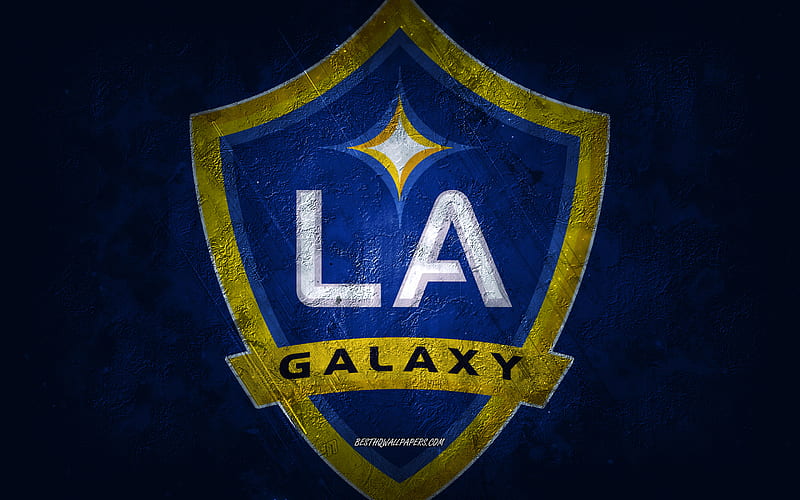 LA Galaxy, American soccer team, blue stone background, LA Galaxy logo, grunge art, MLS, soccer, USA, LA Galaxy emblem, Los Angeles Galaxy, HD wallpaper