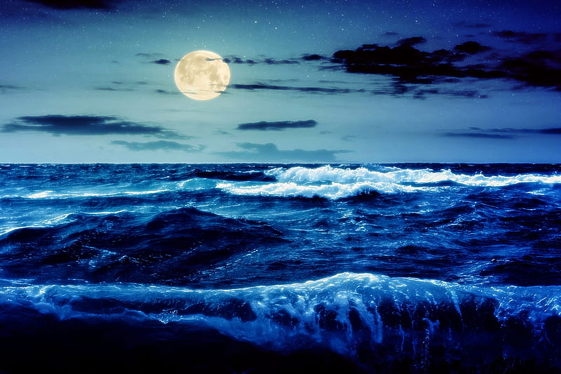Liquid Turmoil, Sea, Water, Moon, Moonlight, Ocean, Blue, Nature, HD wallpaper
