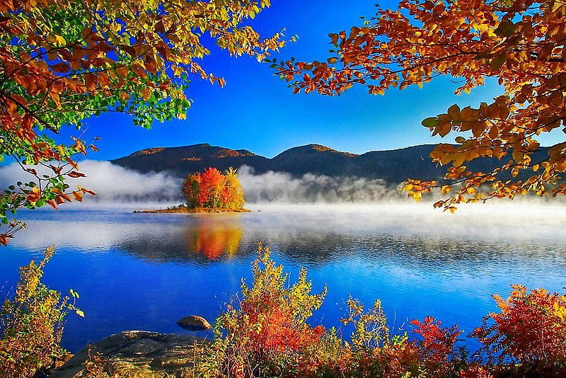 Appalachian Trail, Vermont, trees, lake, autumn, leaves, colors, island, HD wallpaper