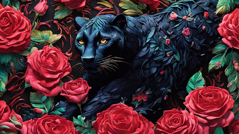 Panthera, cats, beautiful, roses, animals, HD wallpaper