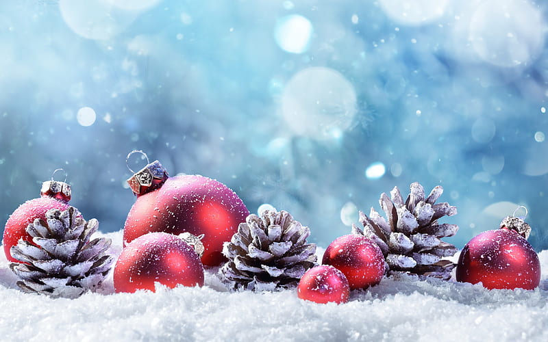 New Year, winter, 2018, snow, red Christmas balls, cones, HD wallpaper