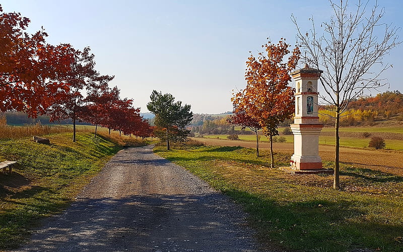 Path in Bohemia, Czechia, road, autumn, Czechia, path, fields, chapel, trees, HD wallpaper