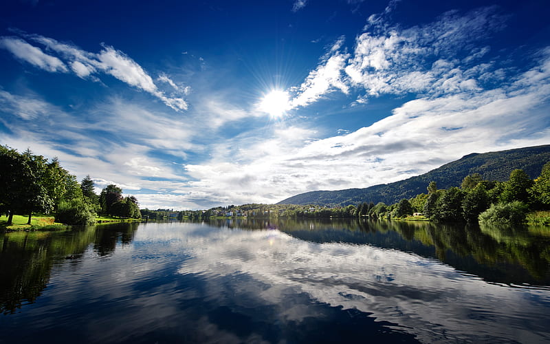Norwegian Clarity, lakes, shoreline, bonito, clouds, skies, calm, water, nature, reflections, blue, HD wallpaper