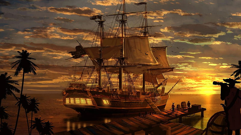 Pirate Ship at Sunset, tall ship, sunset, ship, pirate, HD wallpaper