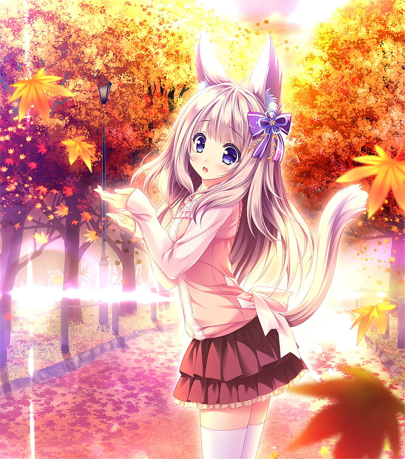 anime girls, animal ears, tail, hair ornament, long hair, thigh-highs, skirt, fall, purple eyes, HD phone wallpaper