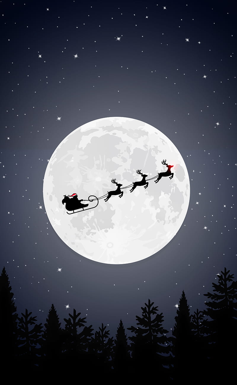 Santa design, desenho, eve, fullmoon, minimalist, moon, night, reindeer, santa, santa claus, sleigh, HD phone wallpaper