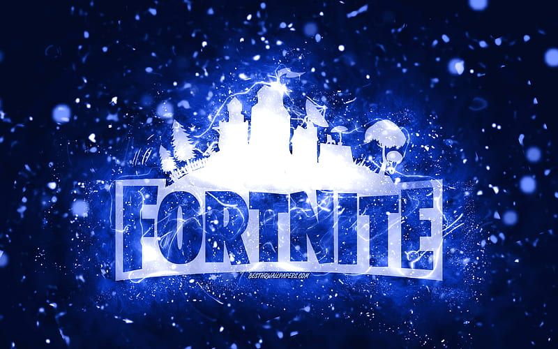 Fortnite dark blue logo dark blue neon lights, creative, dark blue abstract background, Fortnite logo, online games, Fortnite, HD wallpaper