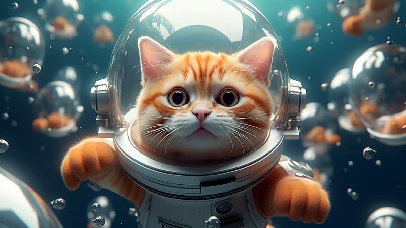 Cosmocat, pisici, cute, cosmos, cat, funny, orange, cosmonaut, blue, astronaut, space, HD wallpaper