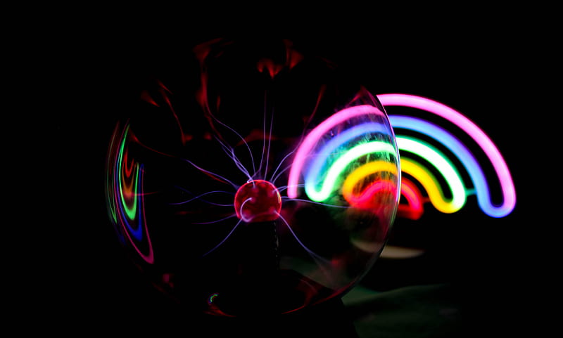 ball, plasma, electricity, rainbow, neon, dark, HD wallpaper