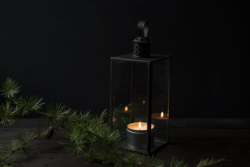 lighted candle inside black lantern holder, HD wallpaper