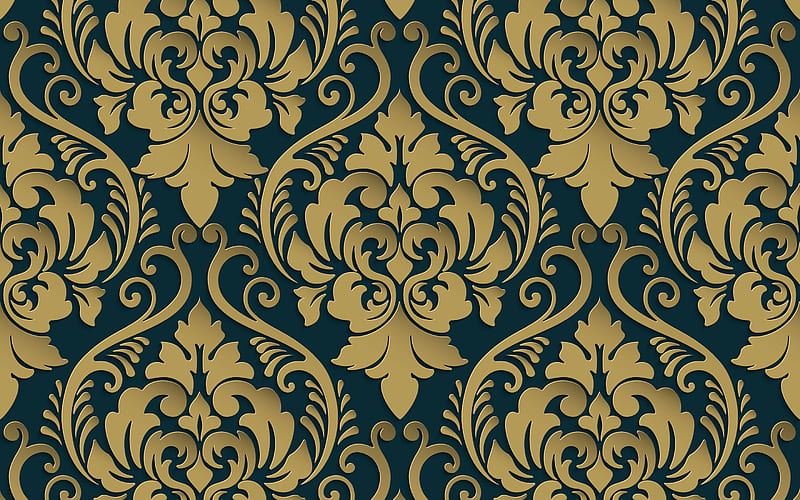 luxury pattern texture, gold floral ornament texture, blue floral texture, 3d ornaments texture, HD wallpaper