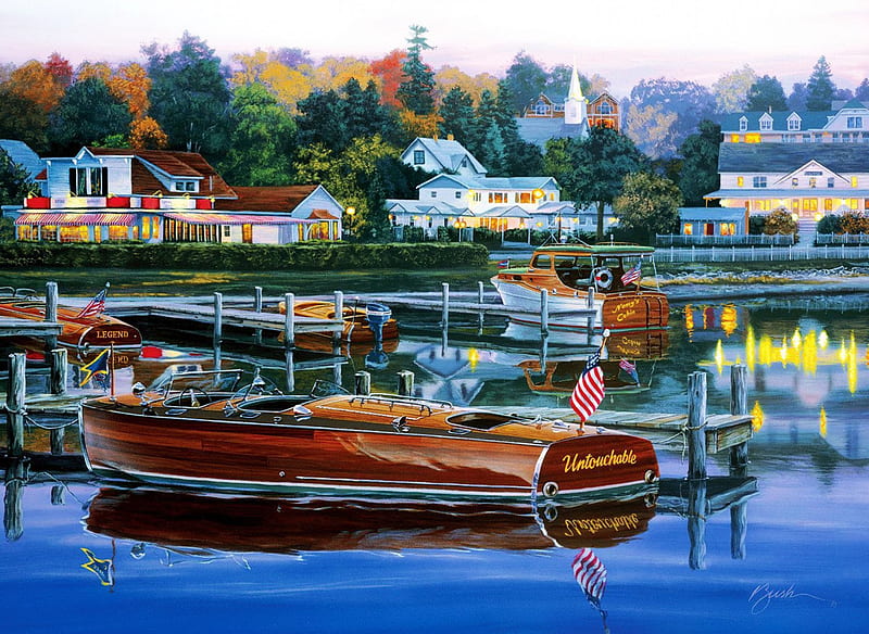 The Legend Lives on, boats, untouchable, houses, painting, lake, artwork, landscape, HD wallpaper