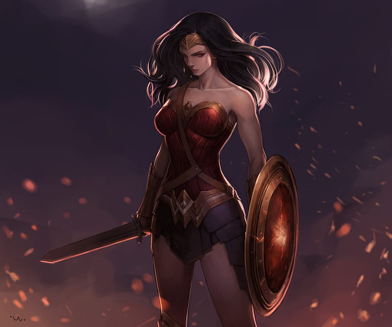 Wonder Woman, Black Hair, DC Comics, Shield, Sword, Woman Warrior, HD wallpaper