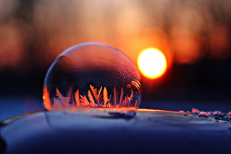 Frost Bubble Sunrise, bubble, colorful, frozen, morning, snow, sunrise, sunset, winter, HD wallpaper