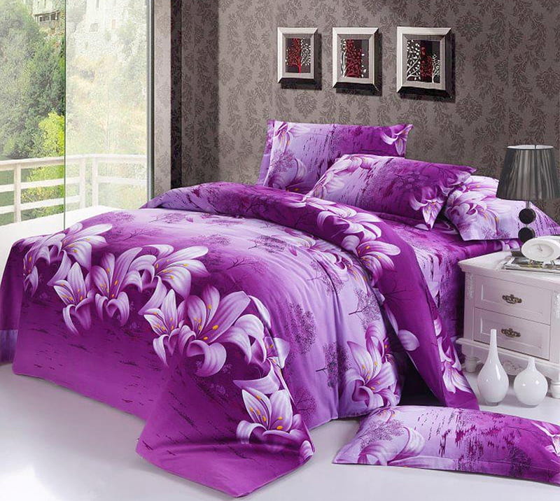 purple bedroom, beauty, bedroom, purple, bedding, HD wallpaper