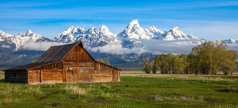 The Grand Tetons, Wyoming, nature, usa, mountains, barn, HD wallpaper