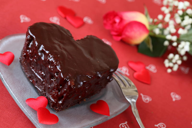 Love Cake for all my Dear Friends !!, cake, delicious, rose, heart, flowers, gift, fork, HD wallpaper