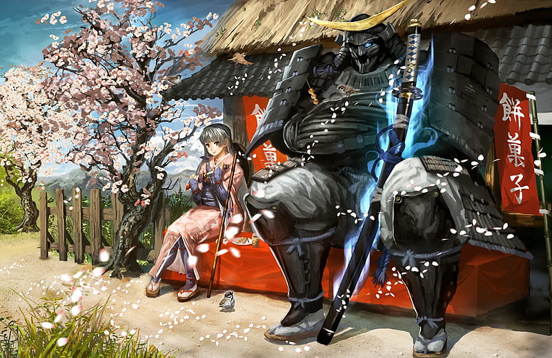 Giant Armor, house, sakura blossom, cherry blossom, blade, big, samurai, anime, hot, anime girl, weapon, huge, sword, ninja, sakura, giant, female, petal, kimono, sexy, building, armor, cute, warrior, girl, katana, flower, HD wallpaper