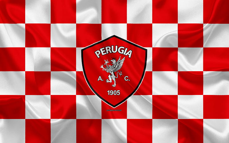 AC Perugia Calcio logo, creative art, red and white checkered flag, Italian football club, Serie B, emblem, silk texture, Perugia, Italy, football, Perugia FC, HD wallpaper