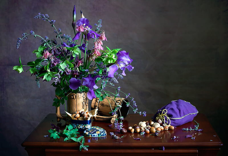 graphy, Still Life, Flower, Hazelnut, Nut, Purple Flower, HD wallpaper
