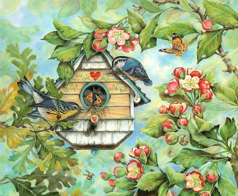 apple, art, house, pasare, spring, card, bird, painting, flower, marjolein bastin, HD wallpaper